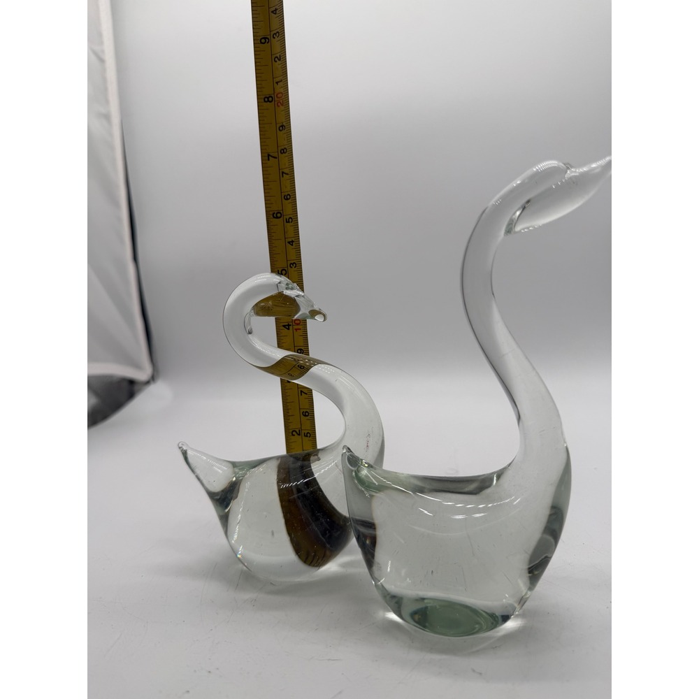 Vintage Hand Blown Glass Swan Figurines Clear Green Smoke Set of 2 Paperweights - Picture 8 of 11